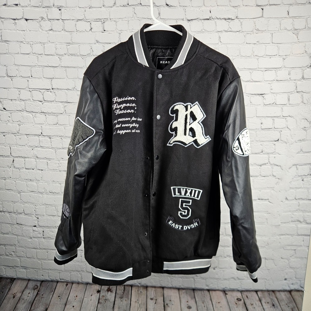 Reason Clothing Mens Black Varsity Letterman Jacket Faux Leather Patch RVT-37 M